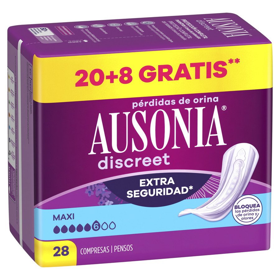 Compresa incontinencia AUSONIA discreet maxi 20 unidades + 8 unidades gratis