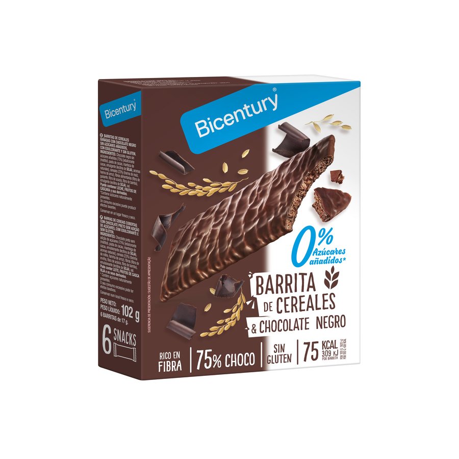 Snack BICENTURY chocolate negro y cereales sin azúcar 6 unidades 102 g