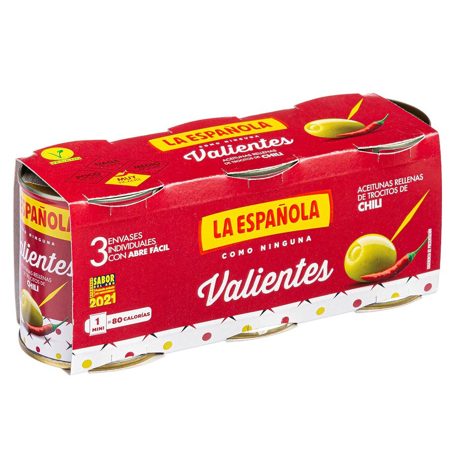 Aceituna rellena de trocitos de chili LA ESPAÑOLA Valientespack 3x50 g pne.