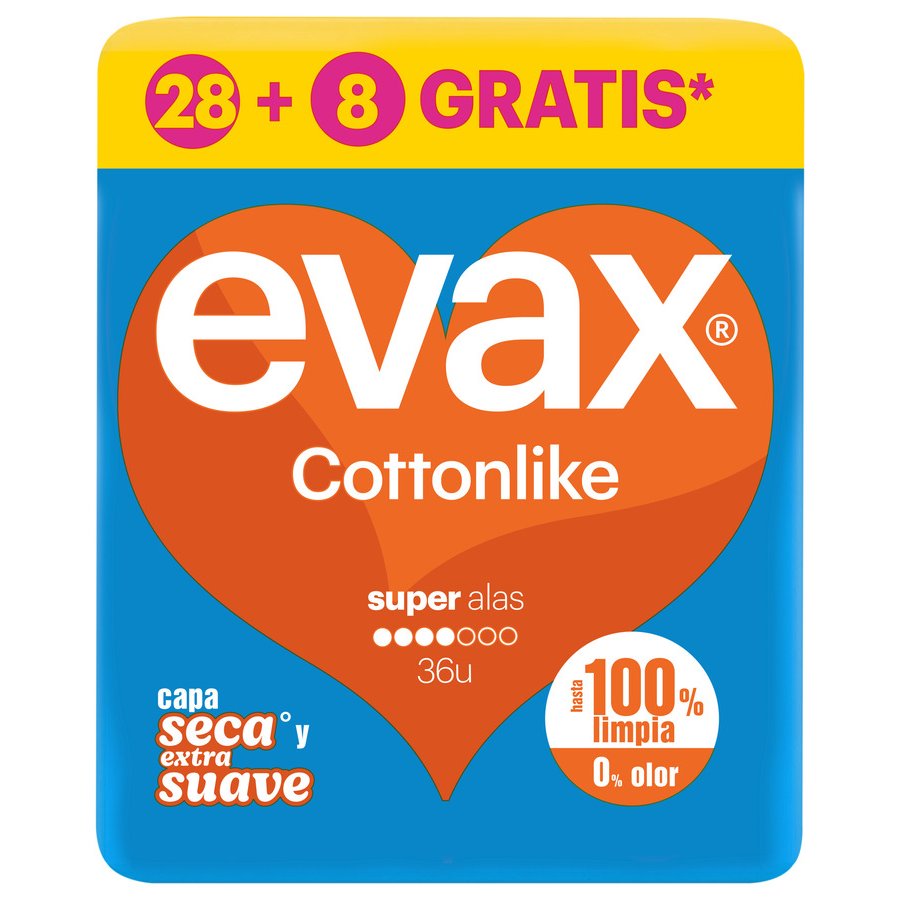 Compresas EVAX Cottonlike super alas 28 unidades + 8 unidades gratis