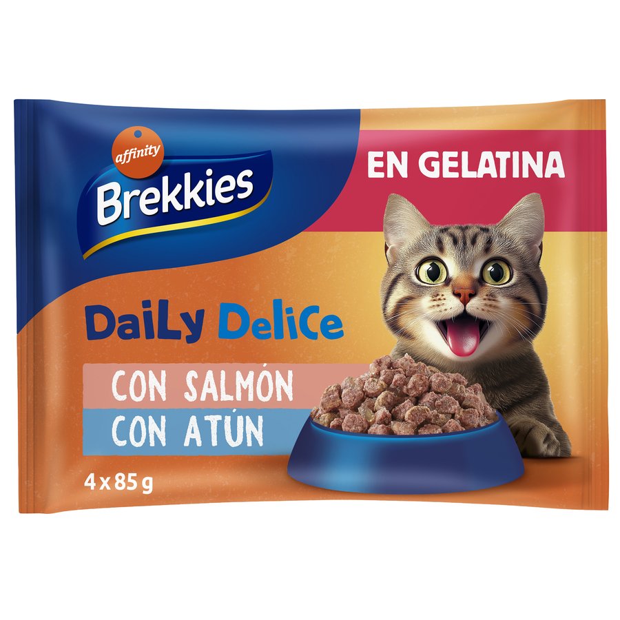 Alimento gatos BREKKIES Daily Delice salmón/atún gelatina 4x85 g
