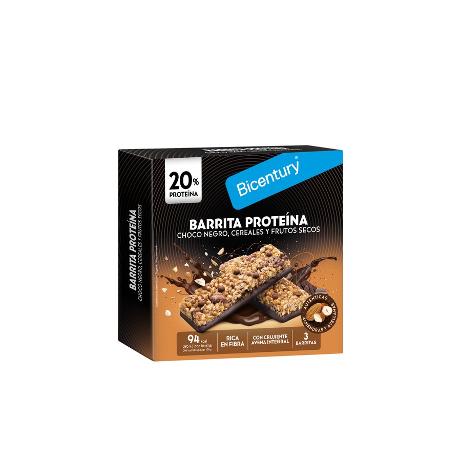 Barrita proteina chocolate-cereales-frutos secos BICENTURY 3 unidades 72 g