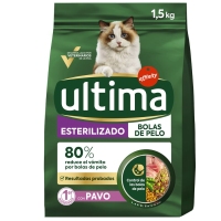 Alimento gato esterilizado ULTIMA bolas de pelo pavo 1,5 kg
