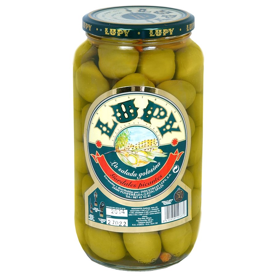Aceituna gordal LUPY verde con hueso picante frasco 550 g pne.