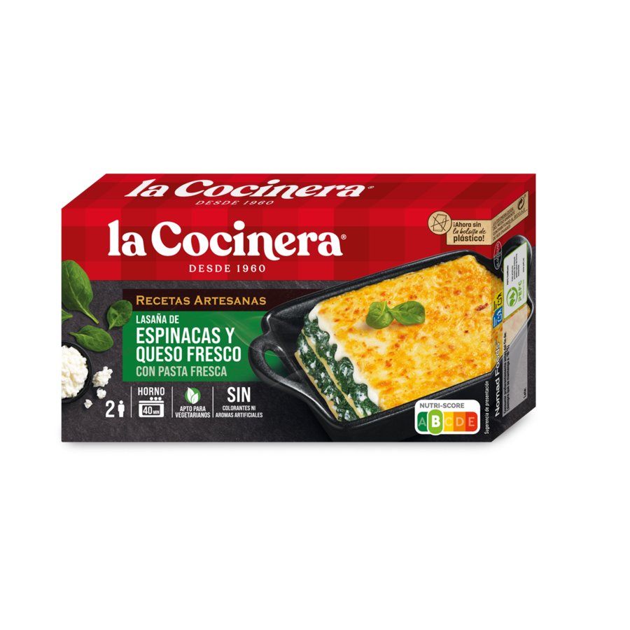 Lasaña congelada LA COCINERA espinacas y queso estuche 500 g