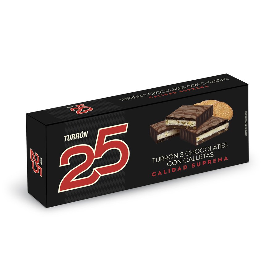 Turrón 3 chocolates con galletas 25 150 g