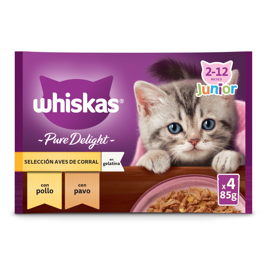 Alimento gato junior WHISKAS Pure Delight aves gelatina 4x85 g
