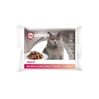 Alimento gato bocaditos salsa buey-salmón IFA AMIGO 4x100 g