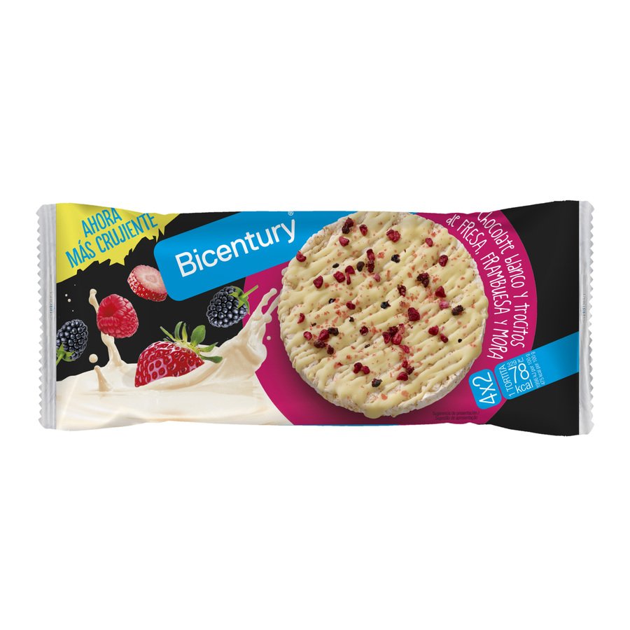 Tortitas de arroz BICENTURY chocolate blanco y frutos rojos 4 x 2 unidades 132 g