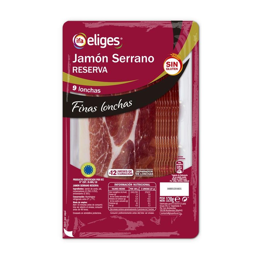 Jamón serrano reserva finas lonchas IFA ELIGES sin gluten 120 g