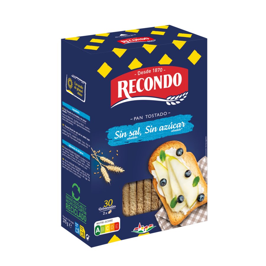 Pan tostado RECONDO sin sal y sin azúcar añadidos 30 rebanadas 270 g