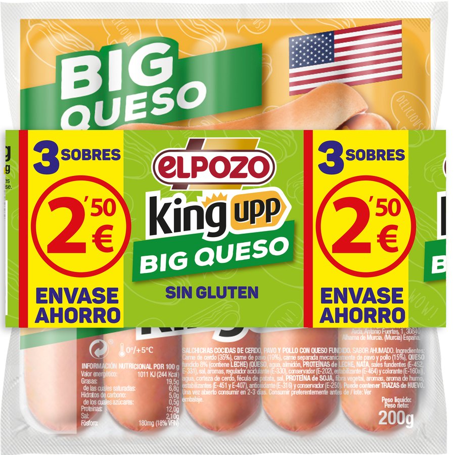 Salchichas ELPOZO King Upp Big Queso pack 3x200 g