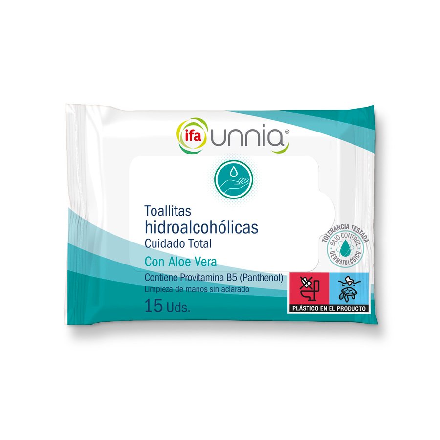 Toallitas hidroalcohólicas con aloe vera provitamina B5 IFA UNNIA 15 unidades