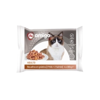 Alimento gato bocadiños xelatina polo-salmón IFA AMIGO 4x100 g