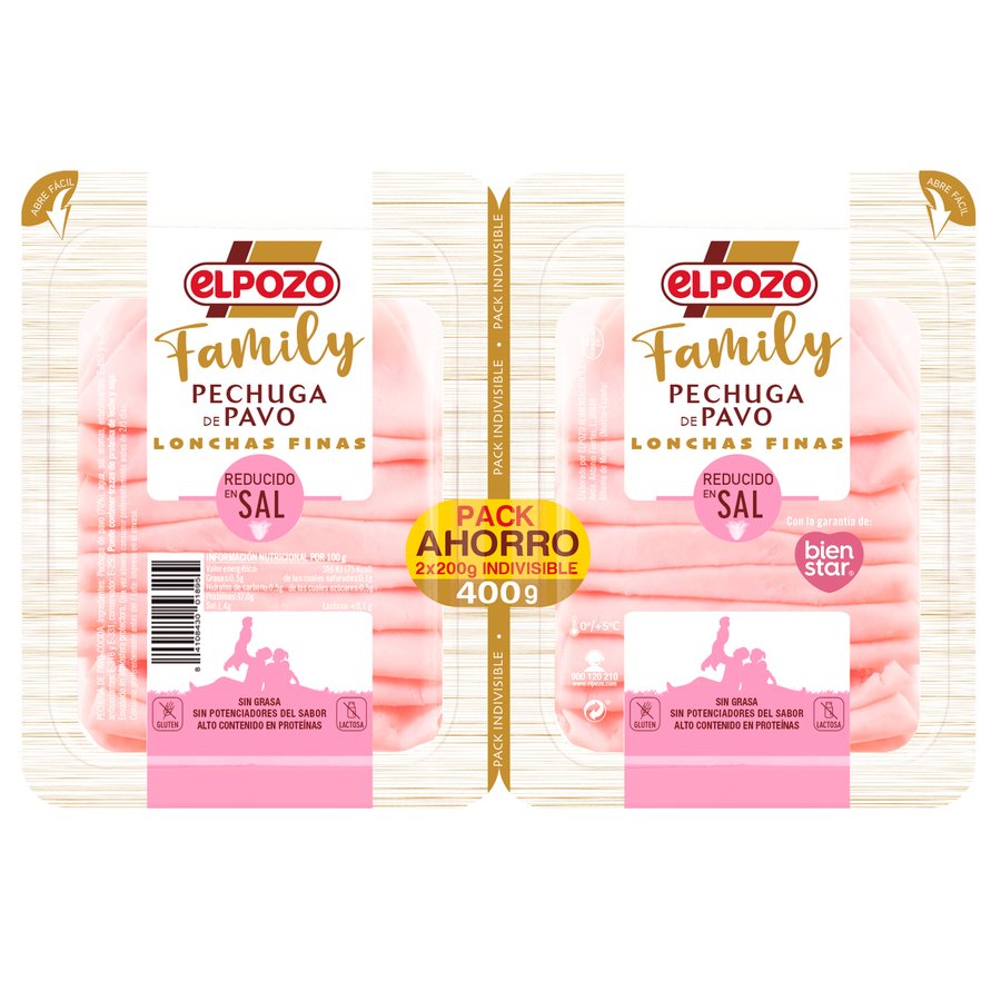 Pechuga de pavo ELPOZO Family sin grasa reducido en sal 2x200 g