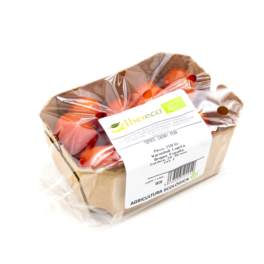 Tomate cherry pera ecológico categoría 1ª calibre (20-35mm) bandeja 250 g