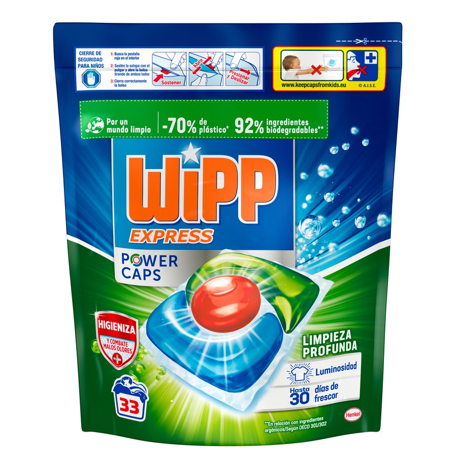 Detergente caps WIPP Express Power antiolores 33 unidades