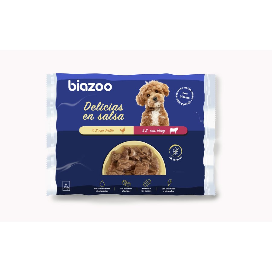 Alimento para perro BIAZOO delicias en salsa pollo/buey 4x100 g