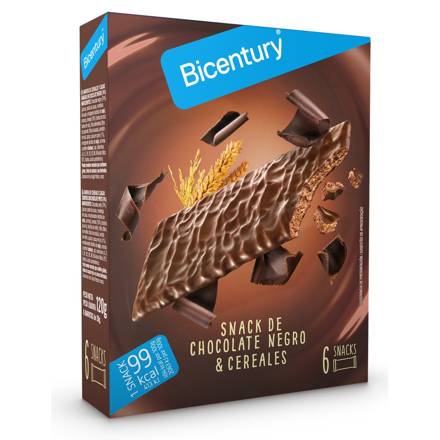 Snack de chocolate negro y cereales BICENTURY 6 unidades 120 g