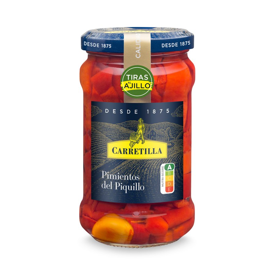 Pimientos piquillo tiras al ajillo CARRETILLA frasco 225 g pne.