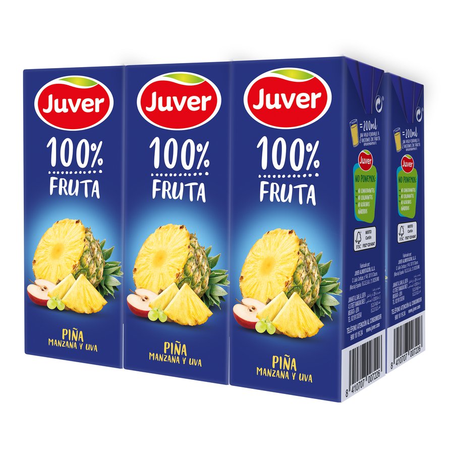 Zumo JUVER 100% fruta piña-manzana-uva pack 6x200 ml