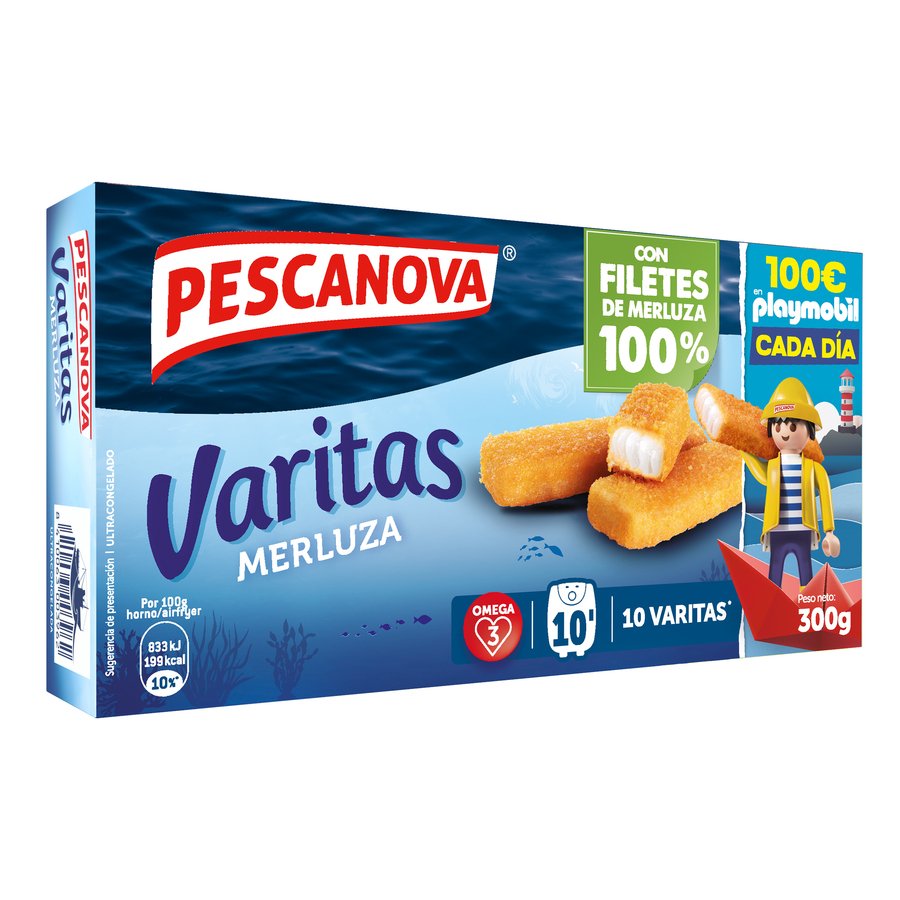 Varitas merluza empanadas congeladas PESCANOVA estuche 300 g