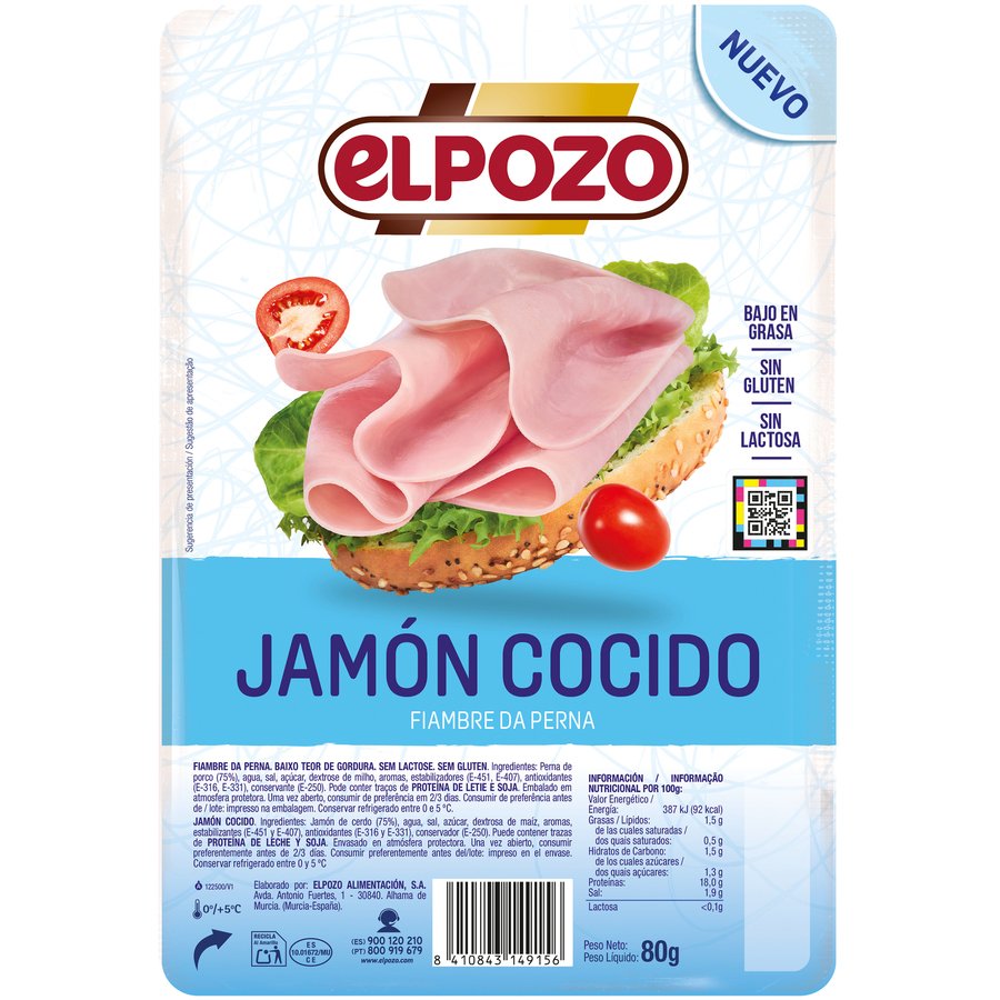 Jamón cocido ELPOZO bajo en grasa lonchas 80 g