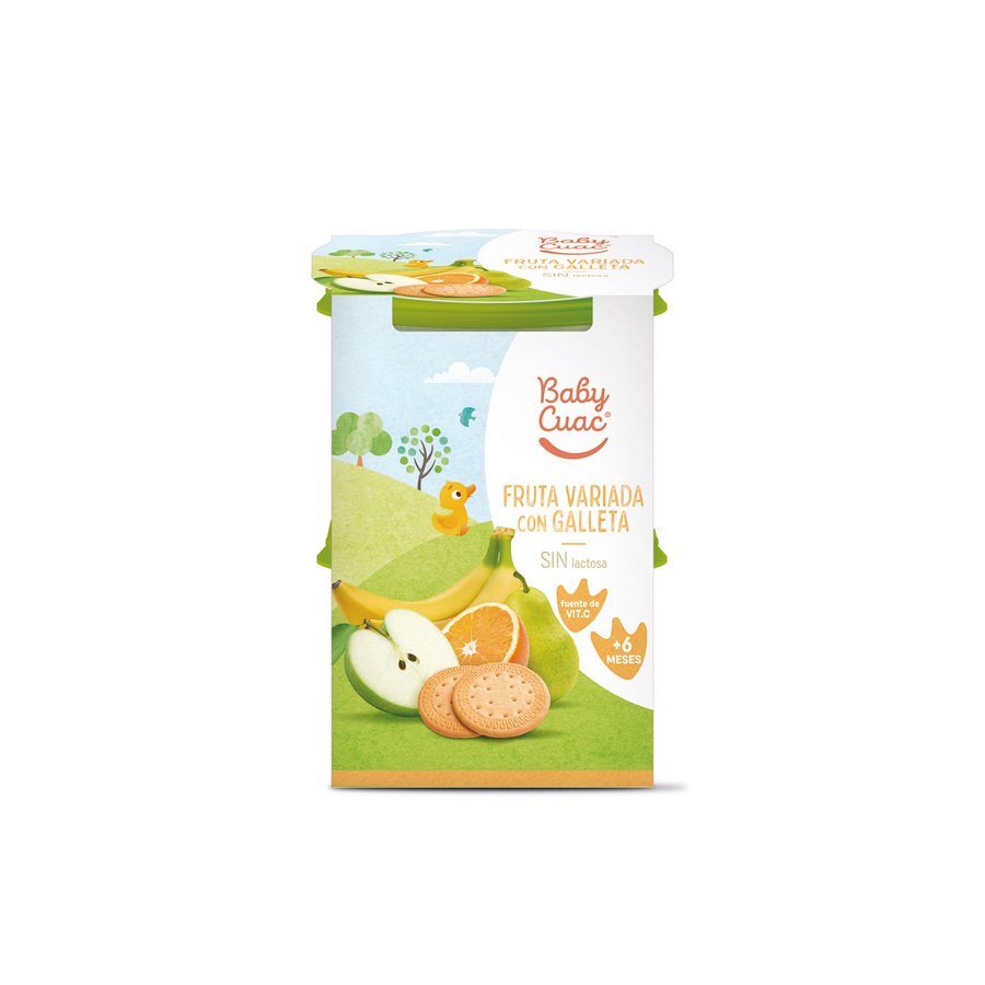 Alimento infantil BABY CUAC fruta variada con galleta 2X200 g