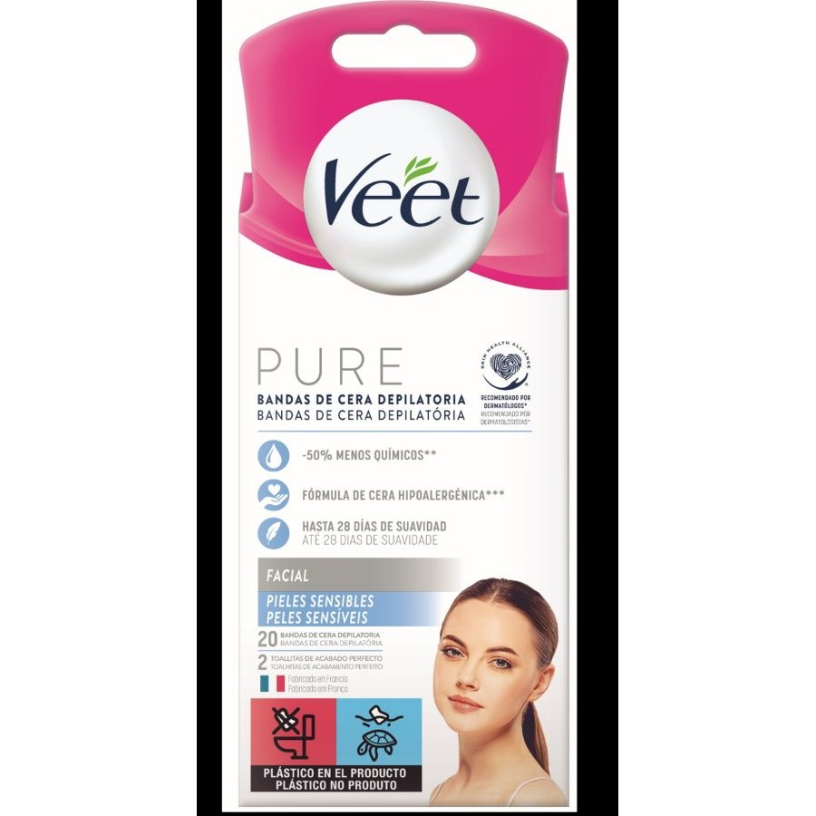 Bandas cera depilación facial VEET piel sensible 20 unidades