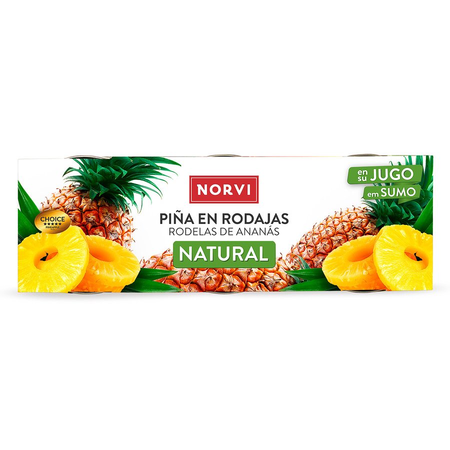 Piña al natural NORVI rodajas lata pack 3 x 137 g pne.